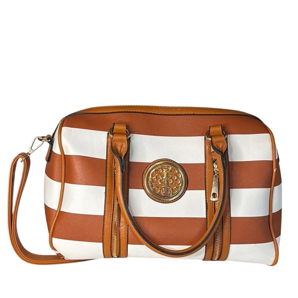 Brown White Striped Satchel Purse Medallion Accent Shoulder Handbag